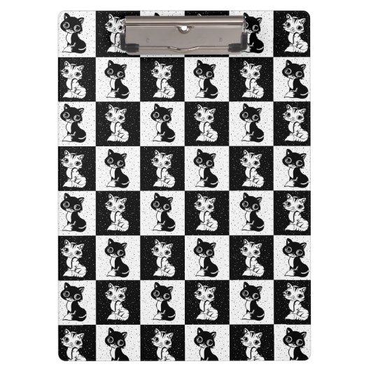 白黒キャットモノグラムブロックプリント クリップボード (正面)