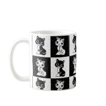 白黒キャットモノグラムブロックプリント