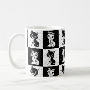 白黒キャットモノグラムブロックプリント コーヒーマグカップ