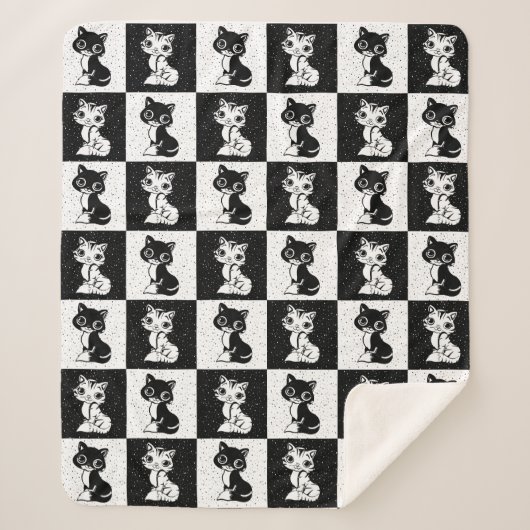 白黒キャットモノグラムブロックプリント シェルパブランケット (正面)
