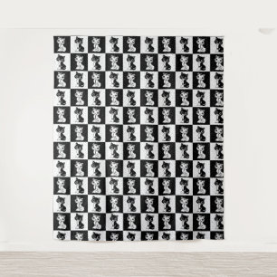 白黒キャットモノグラムブロックプリント タペストリー