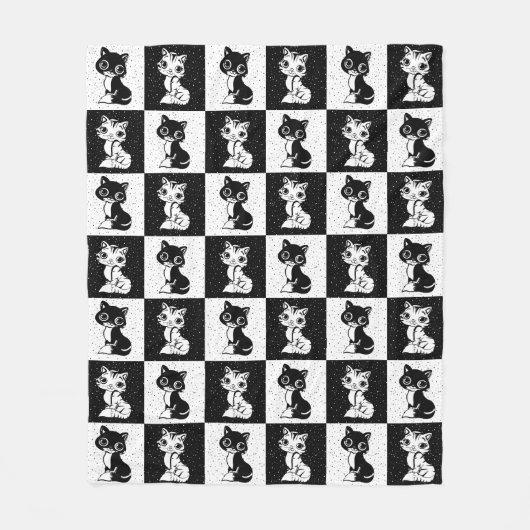 白黒キャットモノグラムブロックプリント フリースブランケット (正面)