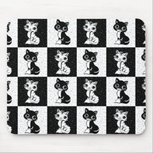 白黒キャットモノグラムブロックプリント マウスパッド
