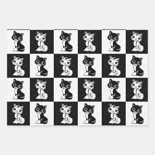 白黒キャットモノグラムブロックプリント ラッピングペーパーシート (正面)