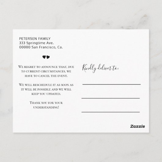白黒キャンセルのお知らせを後悔して ポストカード (裏面)