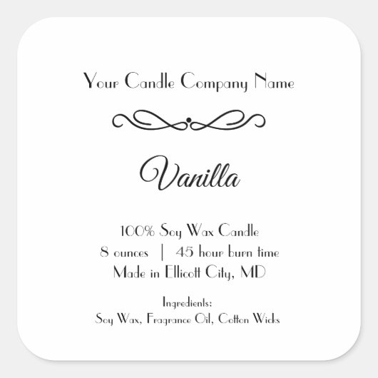 白黒キャンドルラベルフローリッシュスワールミニマリスト スクエアシール (正面)