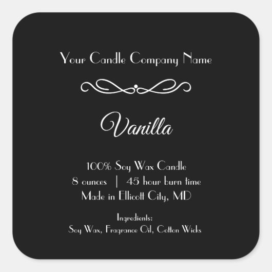 白黒キャンドルラベルフローリッシュスワールミニマリスト スクエアシール (正面)