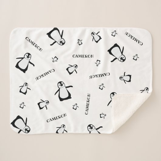 白黒キュートペンギンパーソナライズされたベビー シェルパブランケット (正面(横))