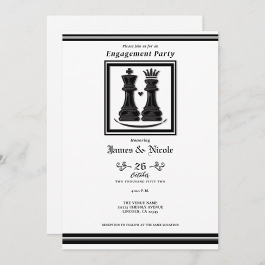 白黒キング&クイーンチェス婚約パーティ 招待状 (正面/裏面)