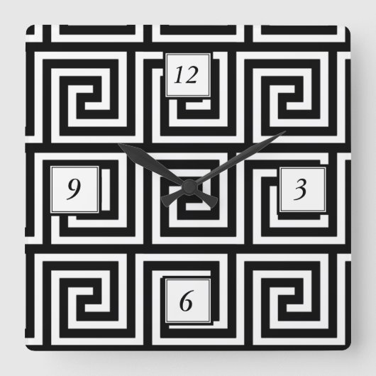 白黒ギリシャの主パターン スクエア壁時計 (正面)