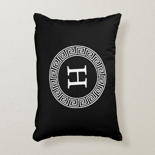 白黒ギリシャ語鍵Rndフレームイニシャルモノグラム アクセントクッション (正面(垂直))
