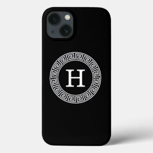 白黒ギリシャ語鍵Rndフレームイニシャルモノグラム iPhone 13ケース