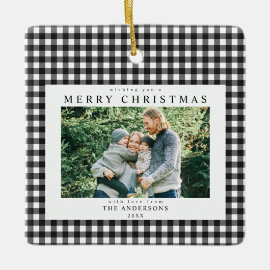 白黒ギンガムチェックのクリスマス2枚の写真 セラミックオーナメント (正面)
