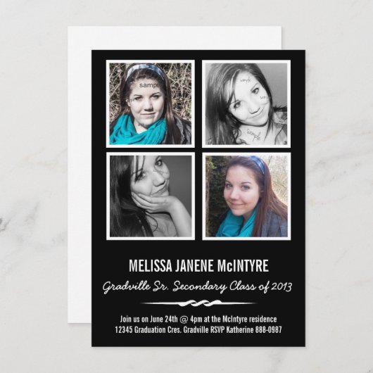 白黒クォードの写真4の正方形の卒業 招待状 (正面/裏面)