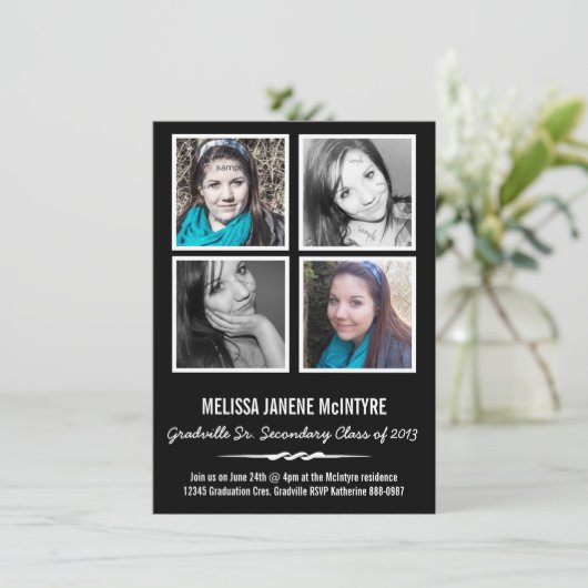 白黒クォードの写真4の正方形の卒業 招待状 (スタンド正面)