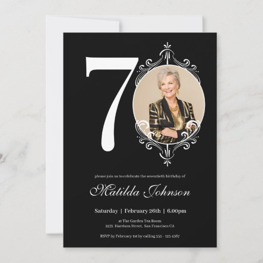 白黒クカスタムラス写真第70誕生日 招待状 (正面)