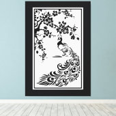 白黒クジャクとさくらんぼの花カスタム咲 キャンバスプリント (インサイチュ (ウッドフロア))