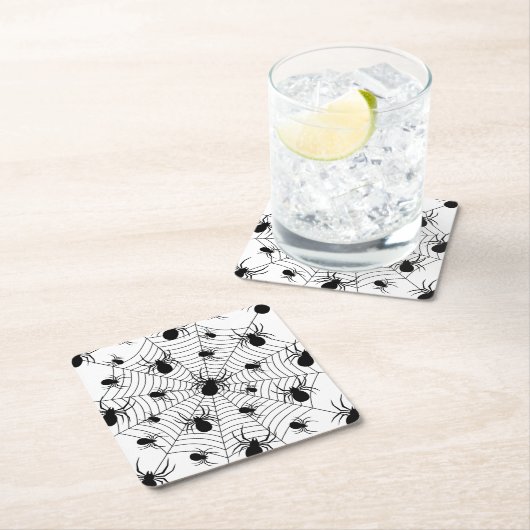 白黒クモクモクモの巣ハロウィンパターン スクエアペーパーコースター (インサイチュ)