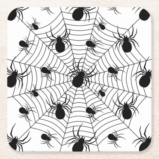 白黒クモクモクモの巣ハロウィンパターン スクエアペーパーコースター (正面)