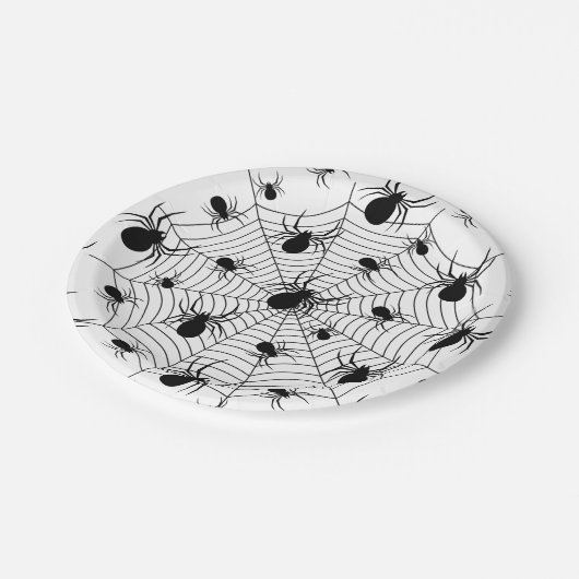 白黒クモクモクモの巣ハロウィンパターン ペーパープレート (アングル)