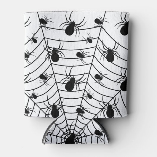 白黒クモクモクモの巣ハロウィンパターン 缶クーラー (正面)