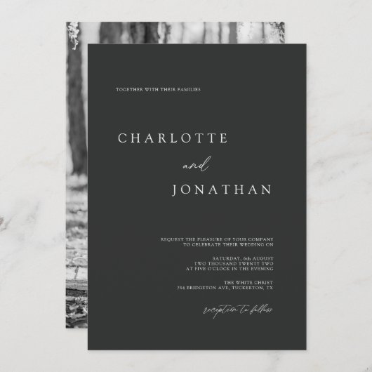白黒クラシックのシンプル写真結婚 招待状 (正面/裏面)