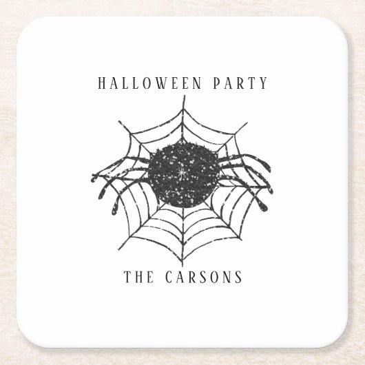 白黒クラシックスパイダーウェブハロウィンデコール スクエアペーパーコースター (正面)