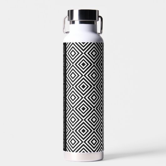 白黒クラシックタイルのパターンのタグライン ウォーターボトル (正面)