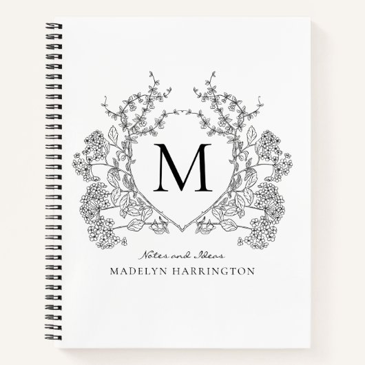 白黒クラシックフローラクレストモノグラムジャーナル ノートブック (正面)