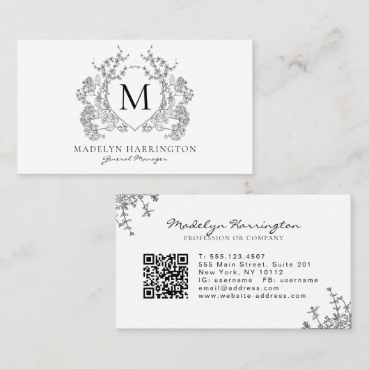 白黒クラシックフローラクレストモノグラムQRコード 名刺 (正面/裏面)