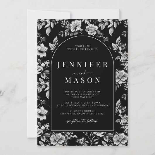 白黒クラシックフローラ結婚ズ 招待状 (正面)