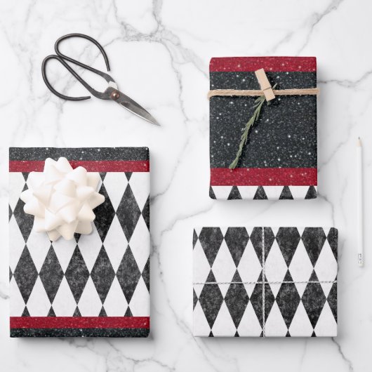 白黒クラシックレッドハーレクインダイアモンドアーガイル ラッピングペーパーシート (正面)