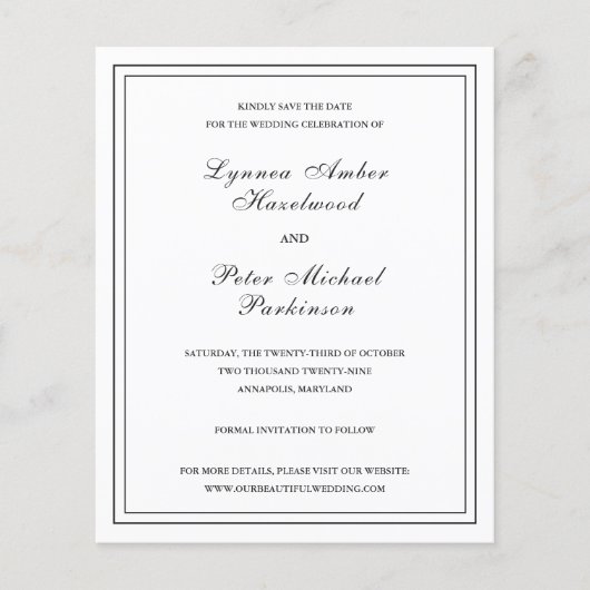 白黒クラシック予算結婚式の日付の保存 (正面)