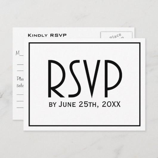 白黒クラシック式シンプルRSVP インビテーションポストカード (正面/裏面)