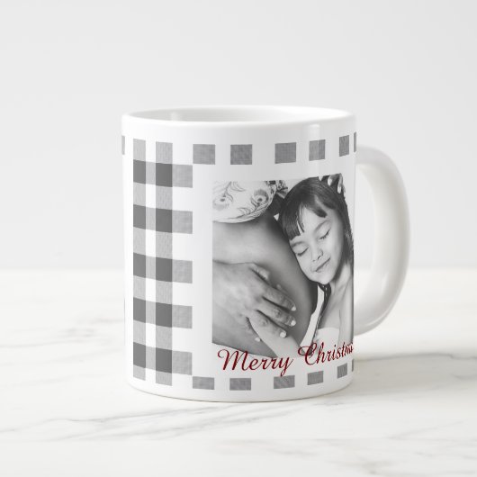 白黒クラシック格子状タータンチェック家族写真 ジャンボコーヒーマグカップ (正面右)