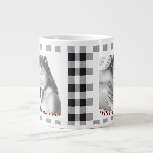 白黒クラシック格子状タータンチェック家族写真 ジャンボコーヒーマグカップ (正面)