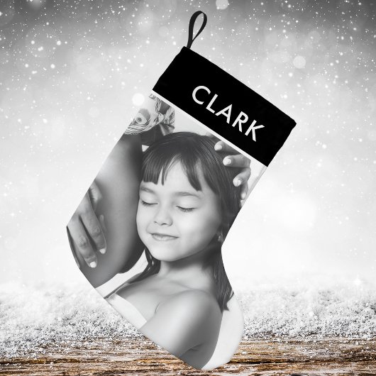 白黒クラシック格子状タータンチェック家族写真 スモールクリスマスストッキング