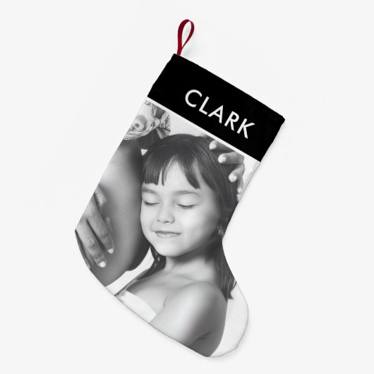 白黒クラシック格子状タータンチェック家族写真 スモールクリスマスストッキング (正面 (吊り時))