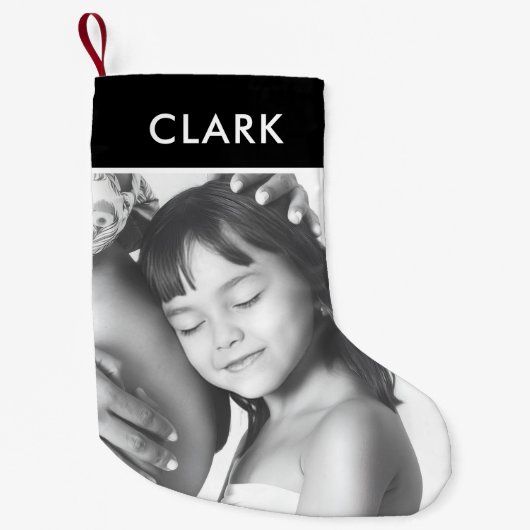 白黒クラシック格子状タータンチェック家族写真 スモールクリスマスストッキング (正面)