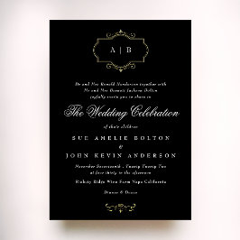 白黒クラシック金ゴールドクレストモノグラ結婚ム病 箔招待状
