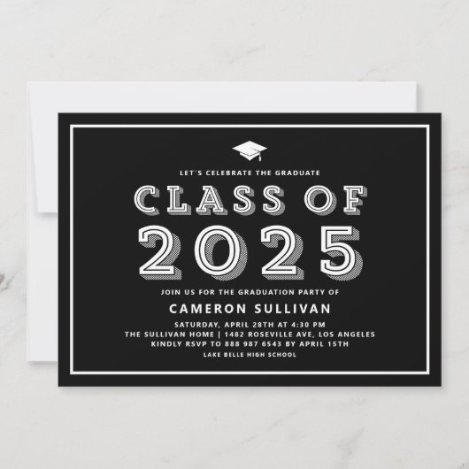 白黒クラス2025キャップレトロ卒業 招待状 (正面)