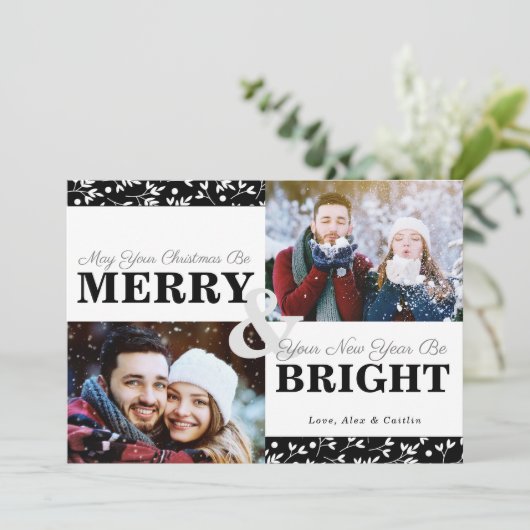 白黒クリスマスグリーンの2枚フォトカード シーズンカード (スタンド正面)