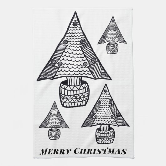 白黒クリスマスツリースケッチ キッチンタオル (縦)