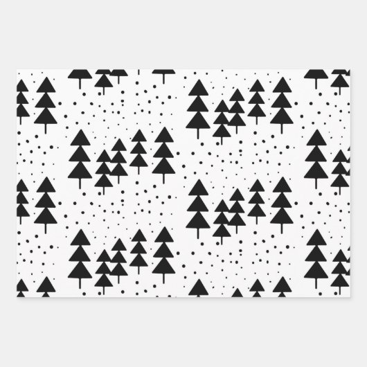 白黒クリスマスツリースノーフレークハート ラッピングペーパーシート (正面)