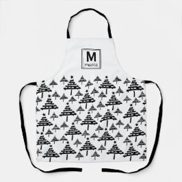 白黒クリスマスツリーパターンモノグラム エプロン