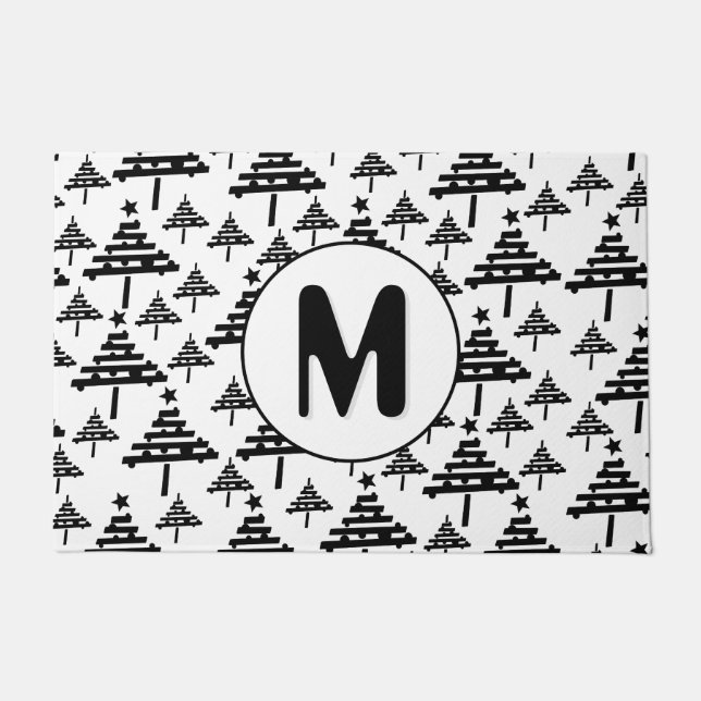 白黒クリスマスツリーパターンモノグラム ドアマット (正面)