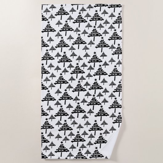 白黒クリスマスツリー抽象芸術パターン ビーチタオル (正面)