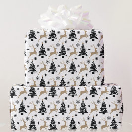 白黒クリスマスツリー鹿5サイズ跳躍 ラッピングペーパー