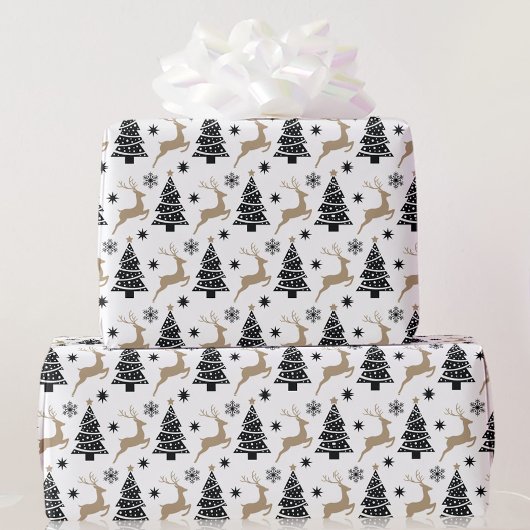 白黒クリスマスツリー鹿5サイズ跳躍 ラッピングペーパー