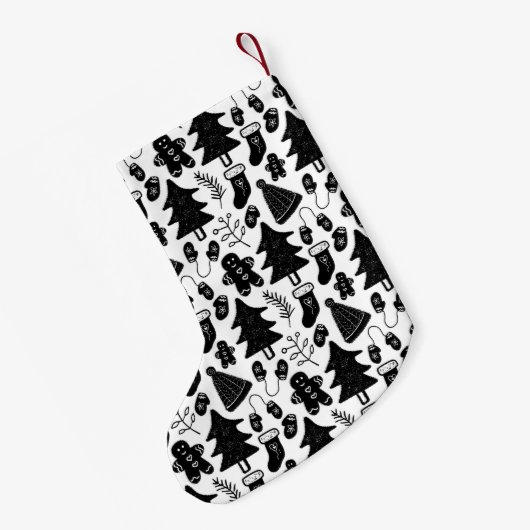 白黒クリスマスドードルパターン スモールクリスマスストッキング (裏面 (吊り時))